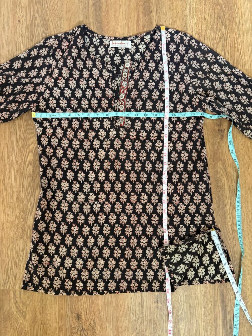 Fabindia Black Printed Cotton Kurti Tunic Top – Women’s Medium – Boho Henley 3/4 - Picture 11 of 13
